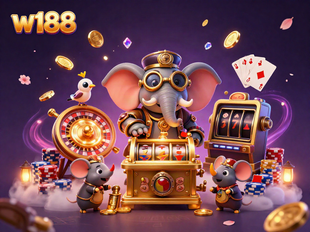 Spin and win at w188 with a steampunk elephant engineer operating a golden slot machine.