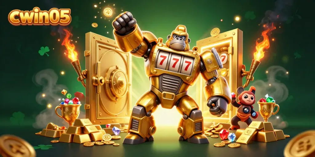 cwin05 showcases vibrant 3D golden gorilla mech breaking through a treasure vault in a dynamic casino scene