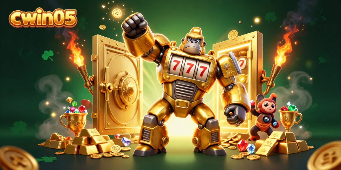 cwin05 showcases vibrant 3D golden gorilla mech breaking through a treasure vault in a dynamic casino scene