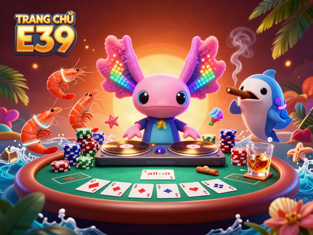 Engage with TRANG CHỦ E39's vibrant casino scene featuring a neon DJ, poker elements, and dancing sea creatures.