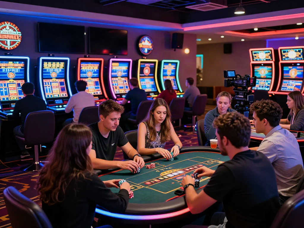 Engaging casino non gamstop gaming room with vibrant players and modern tables.