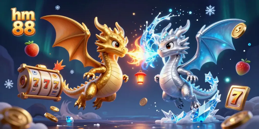Dragons interact in dynamic casino scene showcasing hm 88, with colorful slot machine elements showcasing excitement.