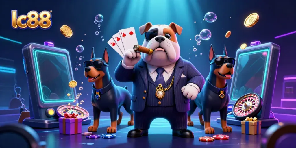 Experience winning action with lc88 in a vibrant gambling-themed illustration featuring a mafia bulldog and slot game elements.