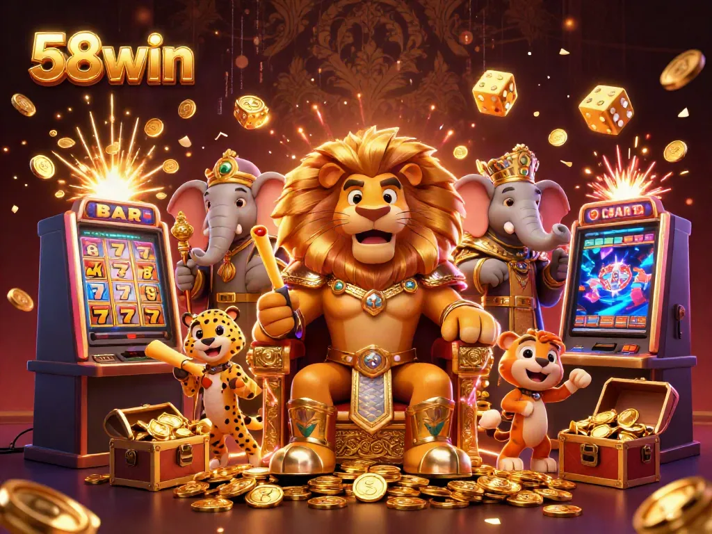 Experience thrilling wins at 58win with a dynamic casino scene featuring a lion king, slot machines, and golden treasures.