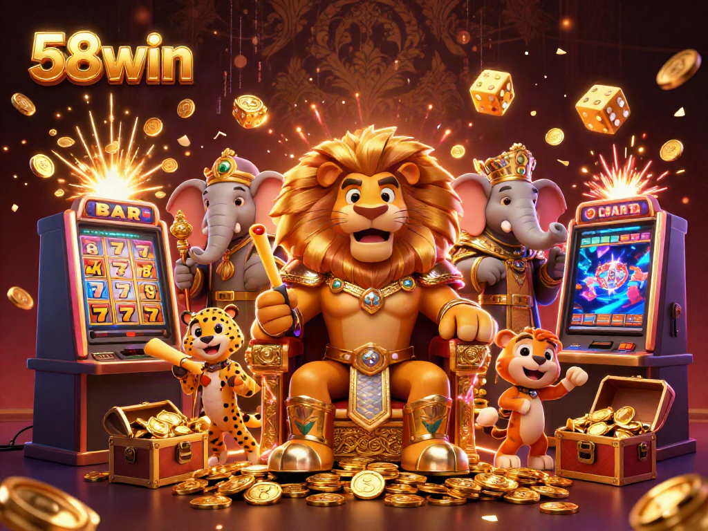 Experience thrilling wins at 58win with a dynamic casino scene featuring a lion king, slot machines, and golden treasures.