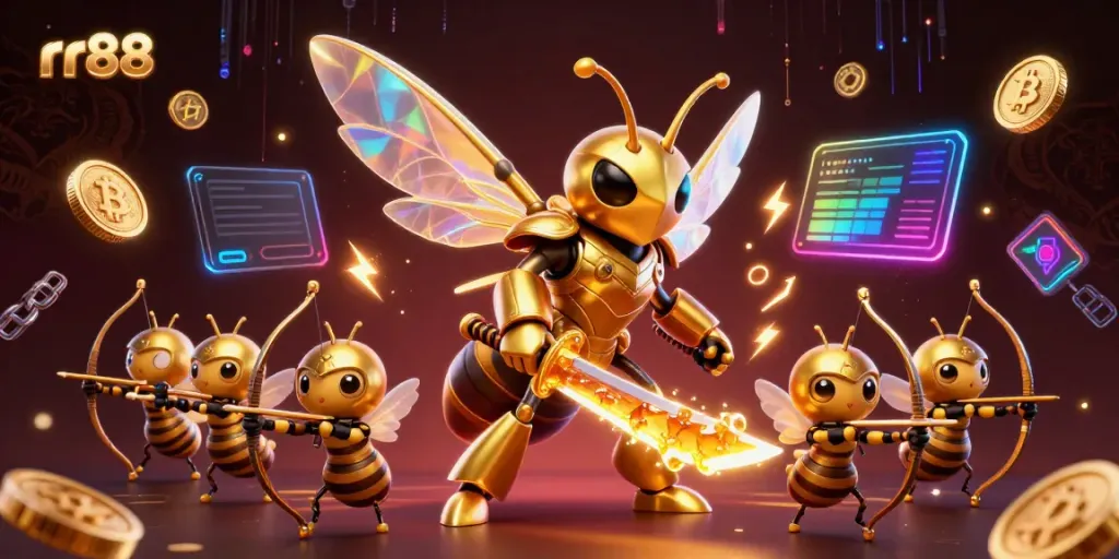 Experience thrilling action with rr88 as a golden hornet samurai leads bee archers in a vibrant casino scene.
