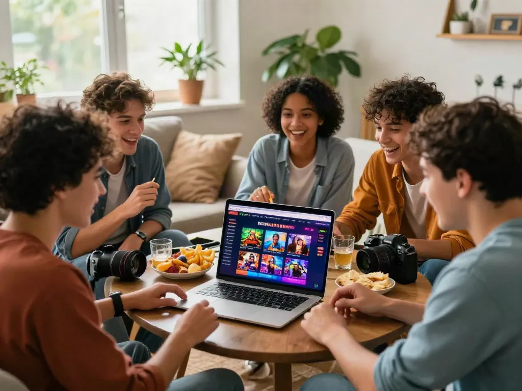 Friends enjoying casino non gamstop games together on a laptop in a cozy living room.
