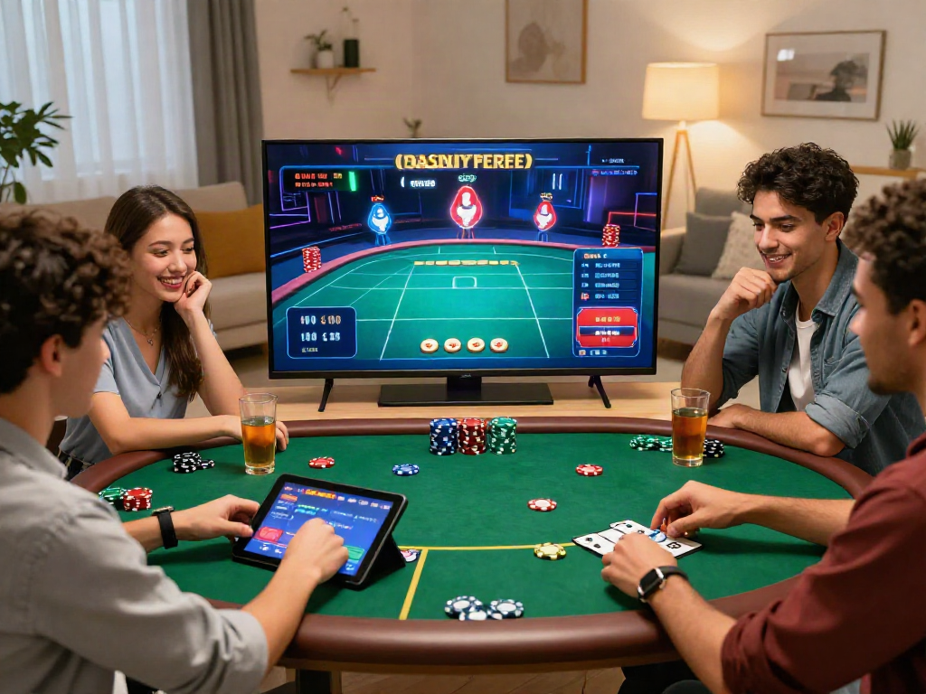 Group of friends enjoying an online casino non gamstop gaming night in a stylish living room.