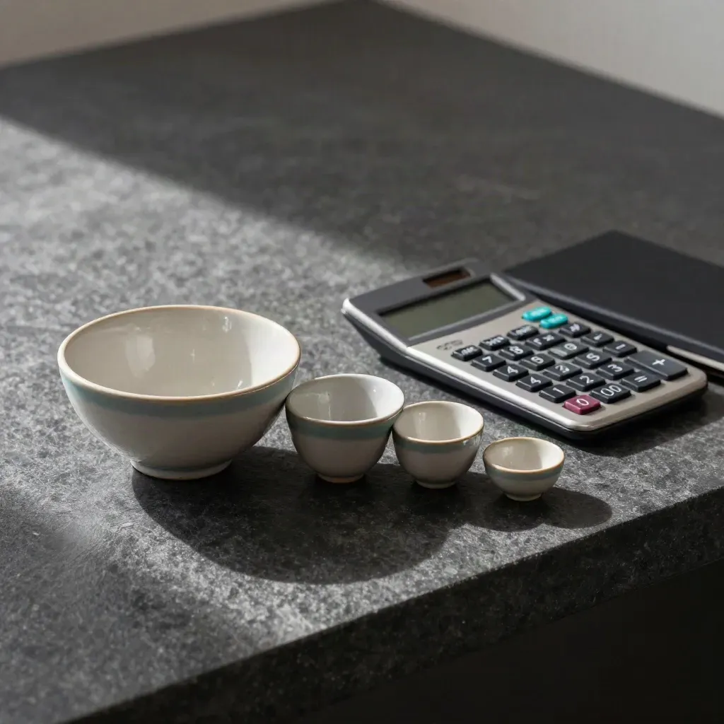 Top-down still life of ceramic bowls, calculator and closed notebook on dark stone.