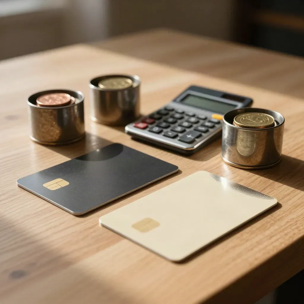 Face-down cards, calculator and coin cups on a pale oak table