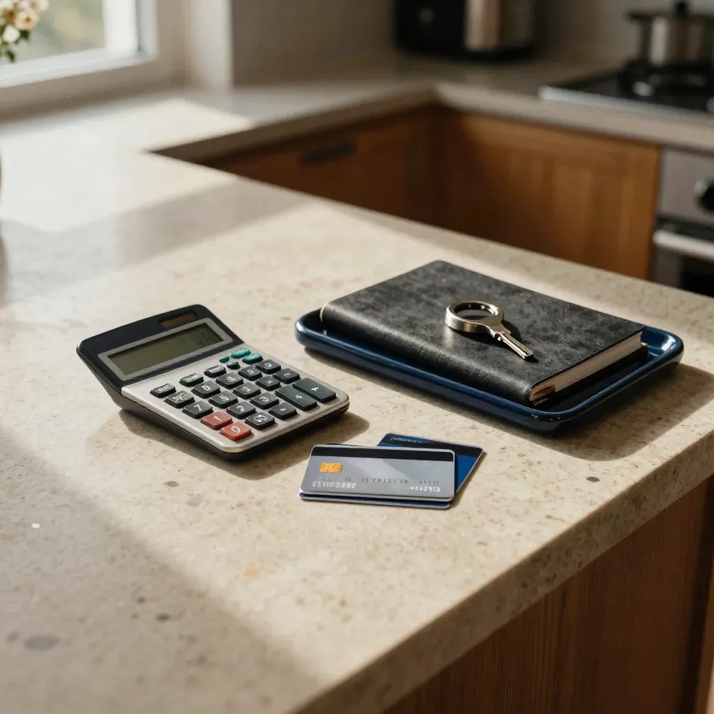 UK credit review still life with calculator, cards, notebook, keyring and navy tray on stone counter.