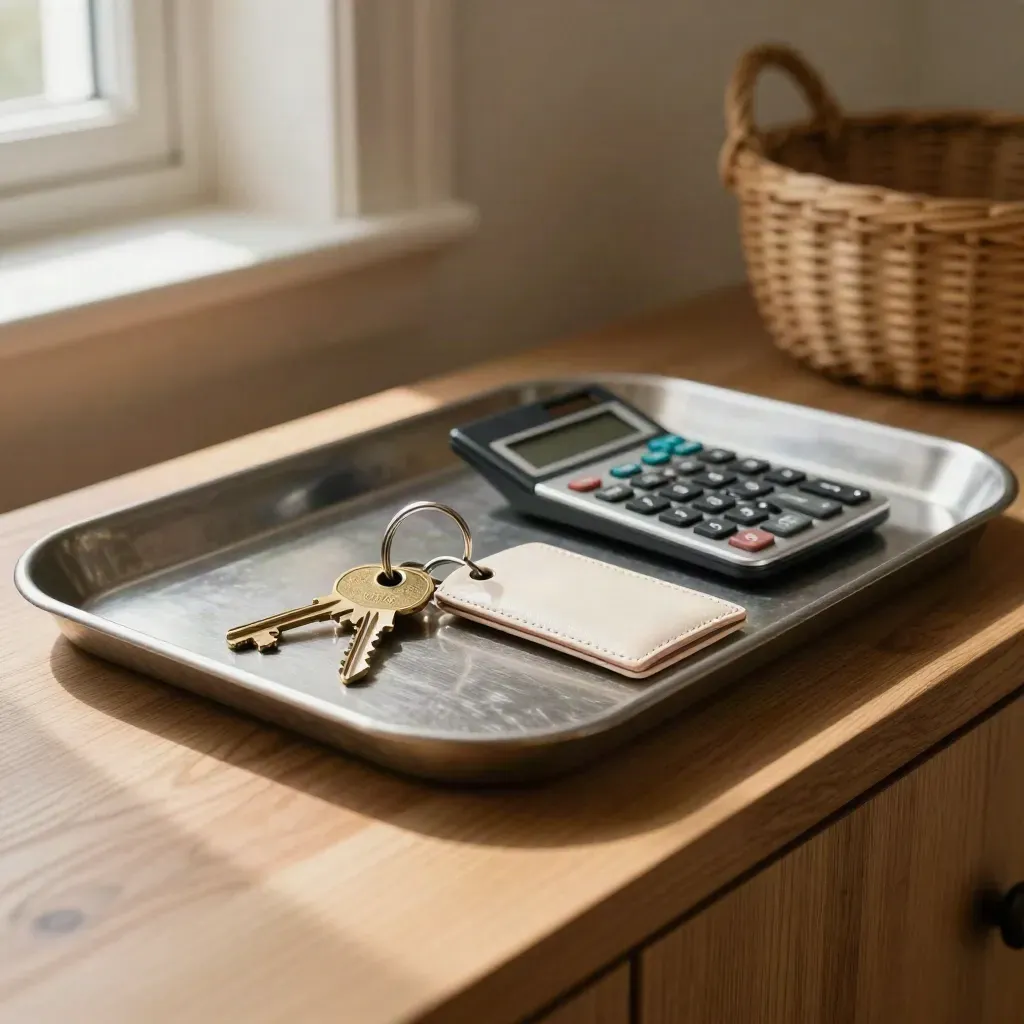 House key, key tag, calculator and card case on a brushed metal tray in warm window light.