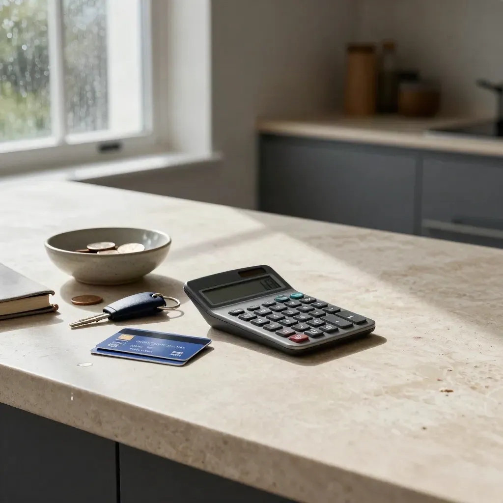 Rain-lit finance still life on a stone island with calculator, face-down cards, coin bowl and notebook.