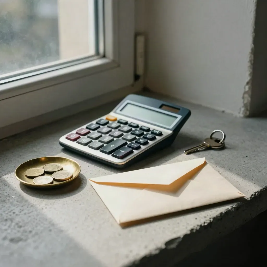 Calculator, face-down utility envelopes, coin dish and keyring on a concrete sill in cool haze.