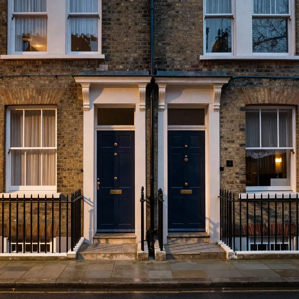 Two navy-fronted terraced houses reflected in a rain-dark window at dusk.