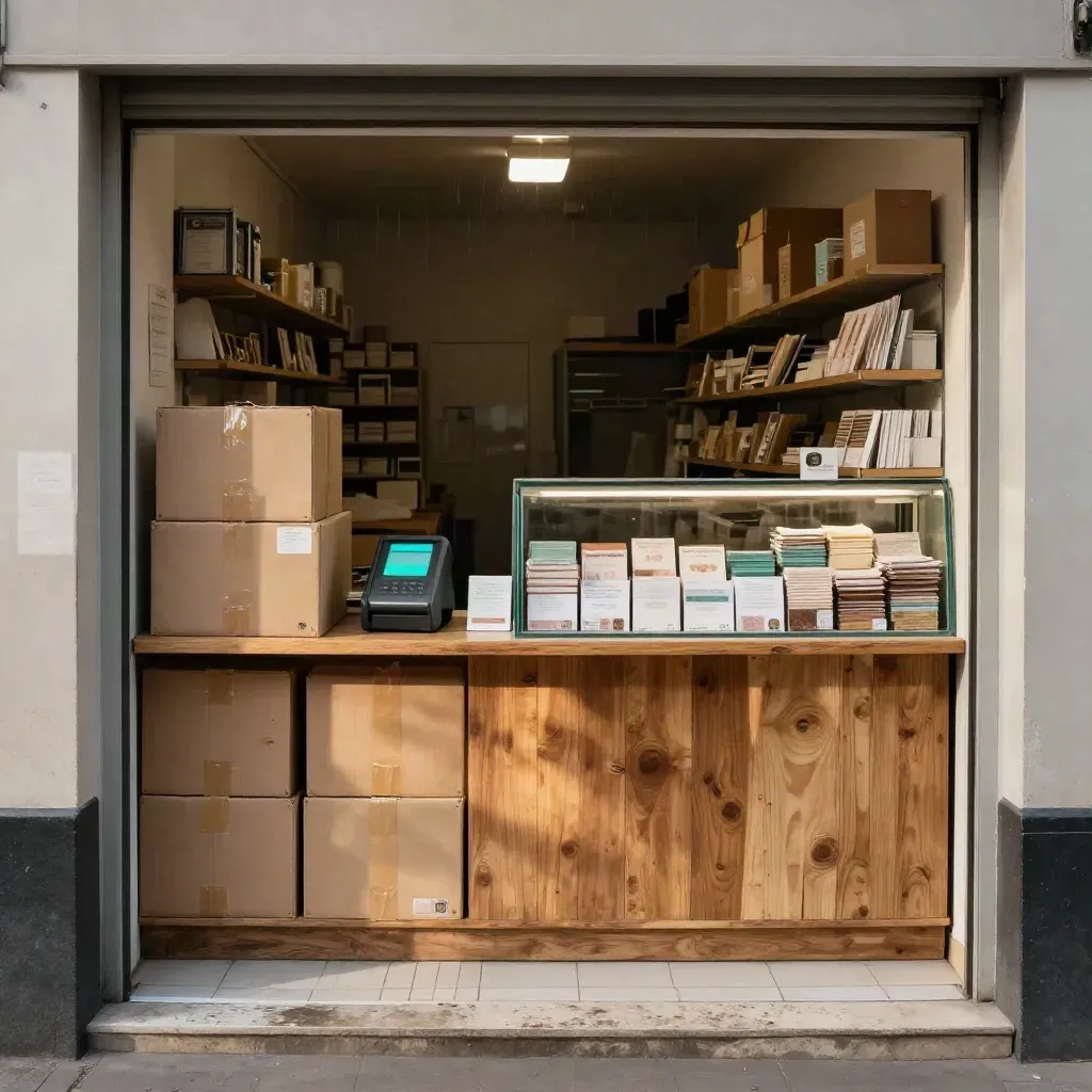 Empty shop counter with stock boxes, card terminal and lit display rail in warm morning haze.
