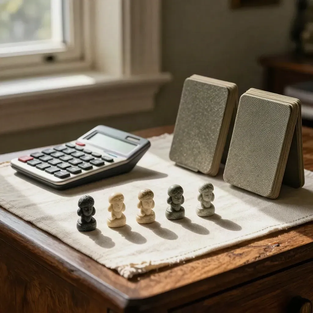 Six stone tokens, calculator and two card sleeves on linen in a warm sunlit UK home corner.