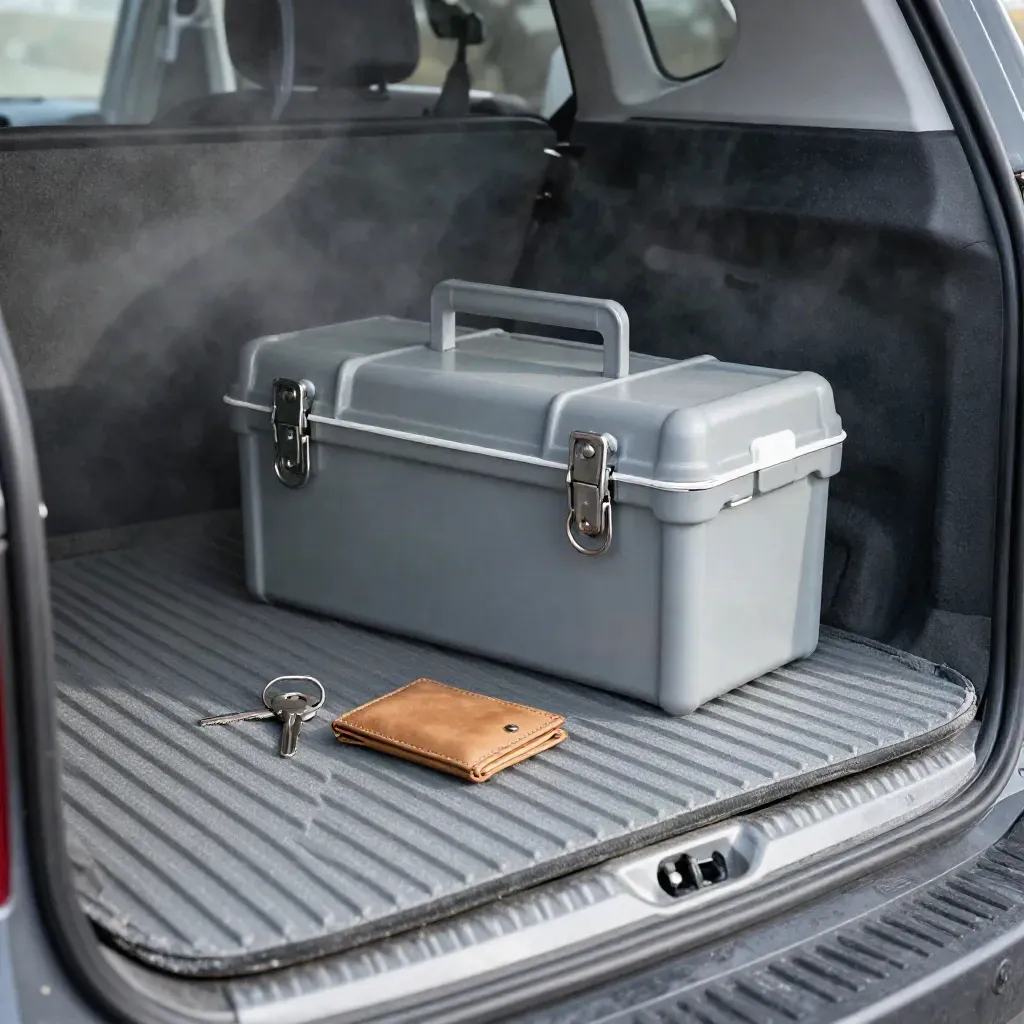 Builder’s van boot with tool chest, key ring and card wallet in misty morning light