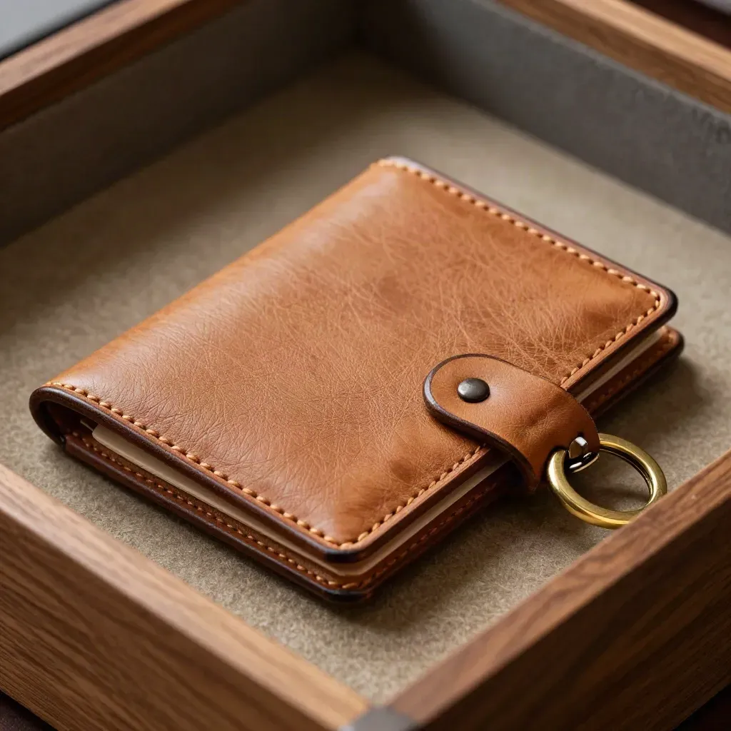 Leather card wallet, stitched notebook cover and brass keyring in a dramatic macro close-up.