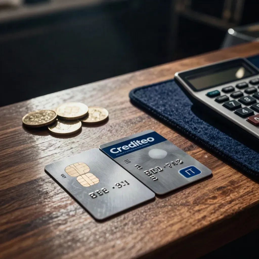 Face-down bank cards beside a calculator and coin dish in dramatic shadow.