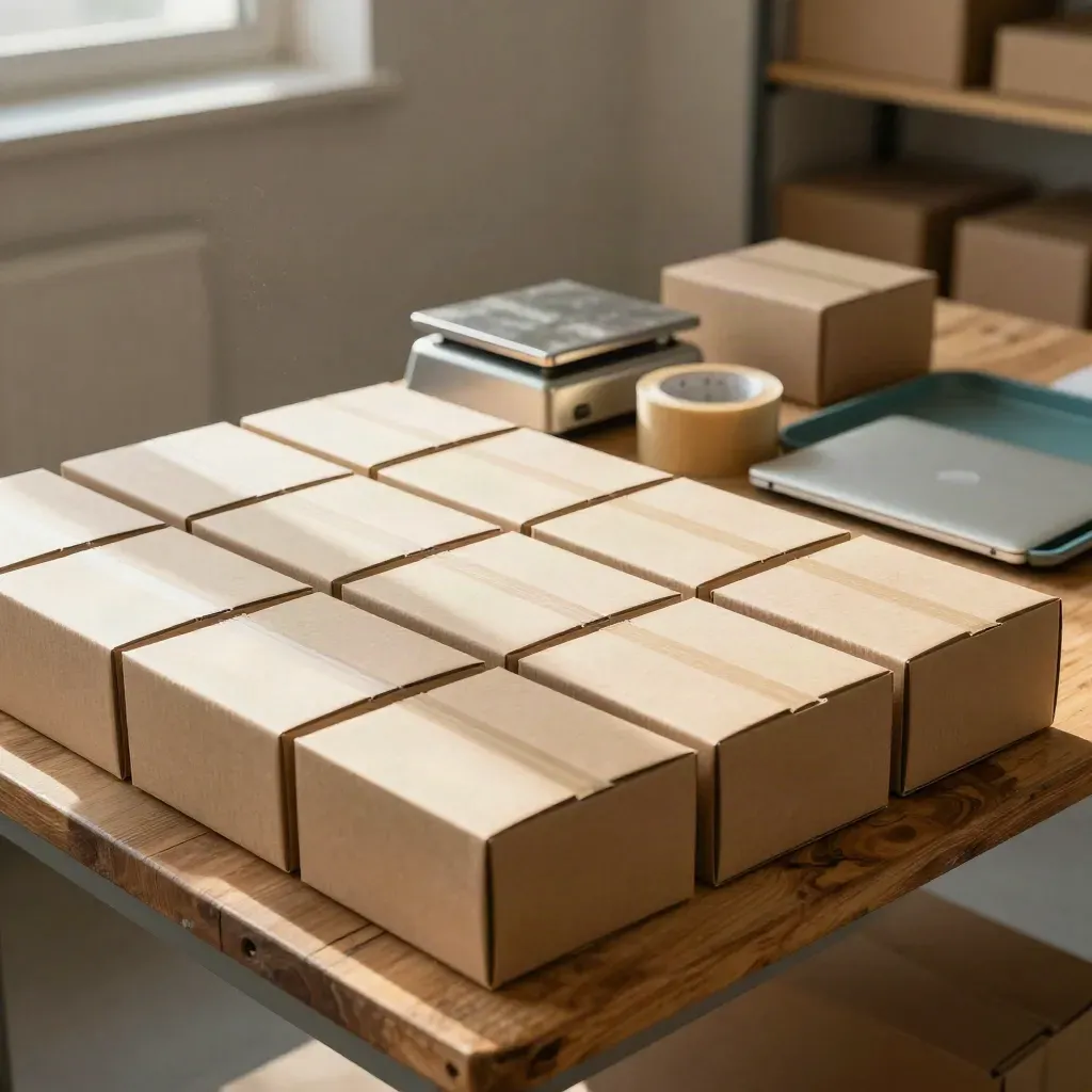 Sunlit packing bench with boxes, scale, tape roll and closed laptop in a teal-accented workspace