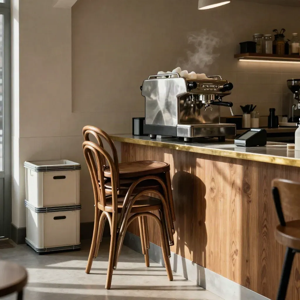 Closed café with stacked chairs, silent espresso machine, nested milk crates and a tidy till station in warm haze