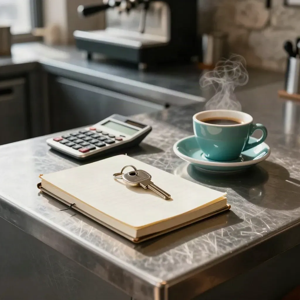Cafe prep counter with notebook, calculator, keyring and espresso cup in soft morning light.
