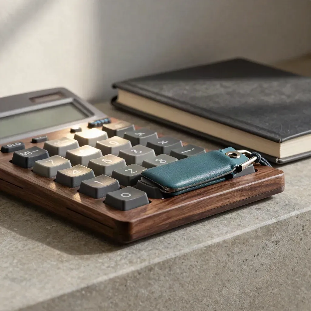 Calculator keys, teal key fob and notebook corner in a dark walnut niche with soft side light.