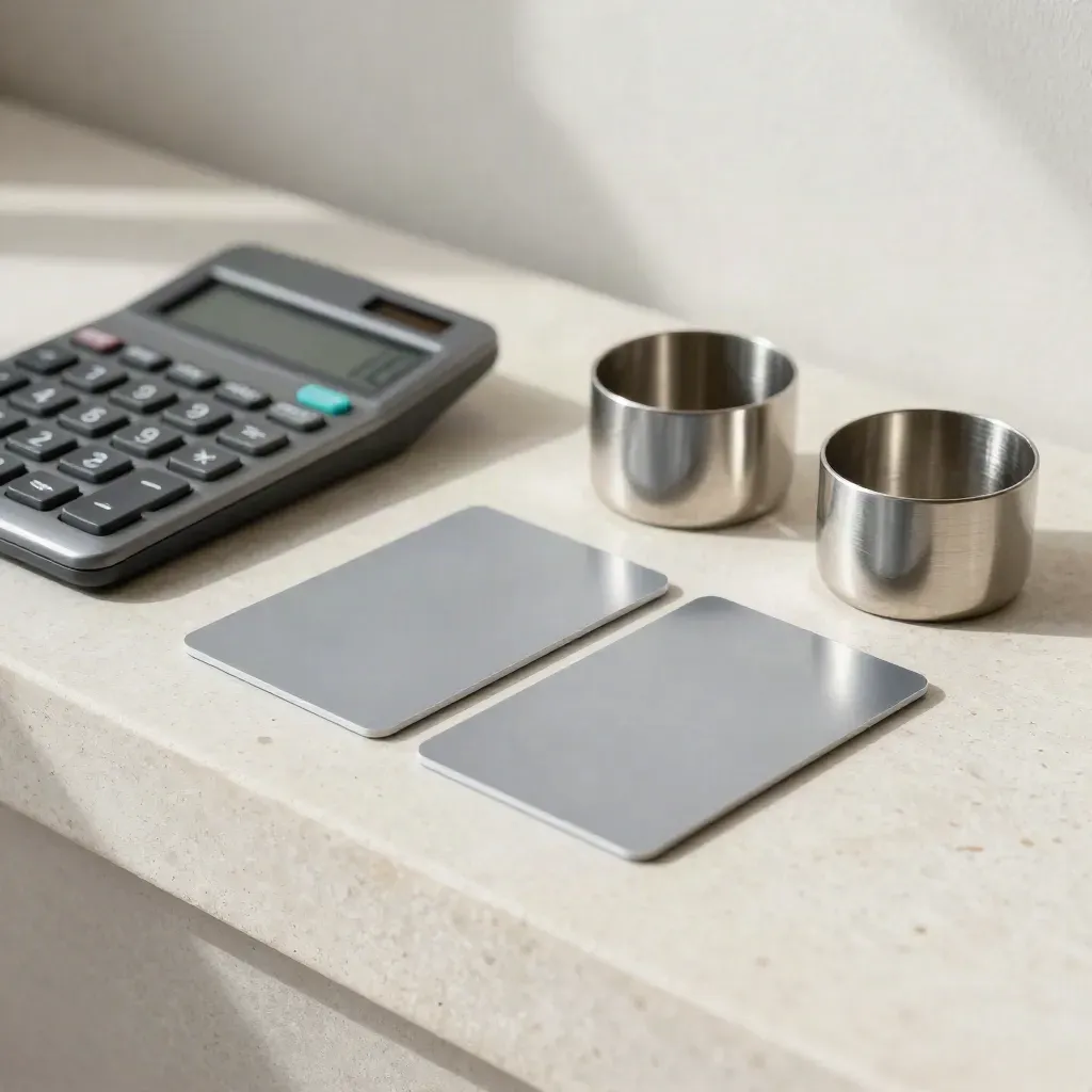 Face-down bank cards, calculator and coin cups on a stone ledge with soft light.