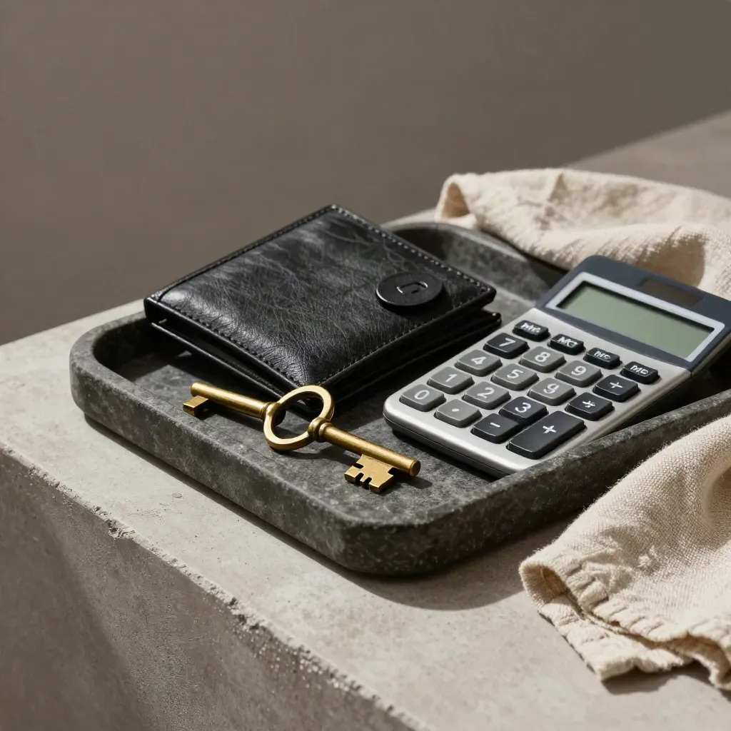 Brass house key, card wallet and calculator on a dark stone tray with linen cloth.
