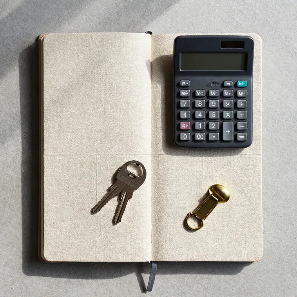 Overhead flatlay of a notebook, calculator, keyring and brass clip on pale linen.
