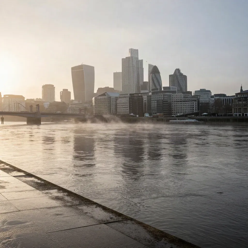 Canary Wharf and Thames bridges over misty Thames at sunrise after rain