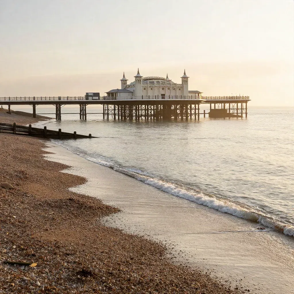 Brighton Palace Pier glowing at golden hour over a hazy Sussex shore.