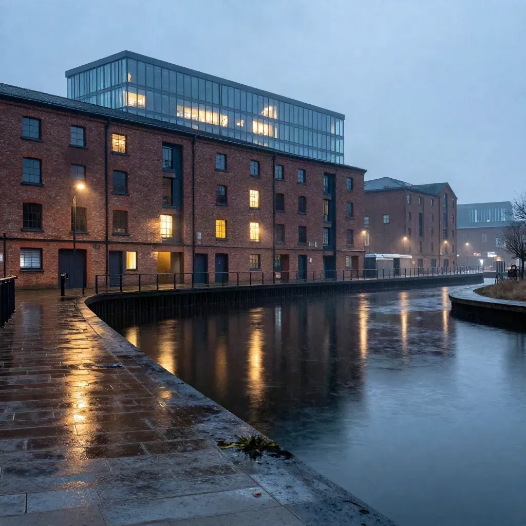 Birmingham canal buildings reflected in wet water at blue hour after rain.