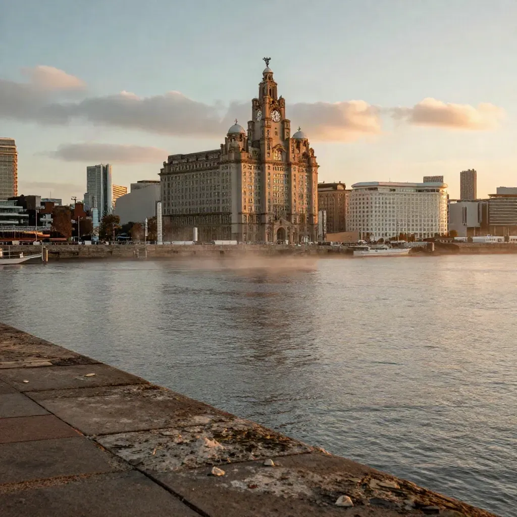 Liverpool waterfront and Port of Liverpool Building glowing at golden hour above calm misty Mersey.