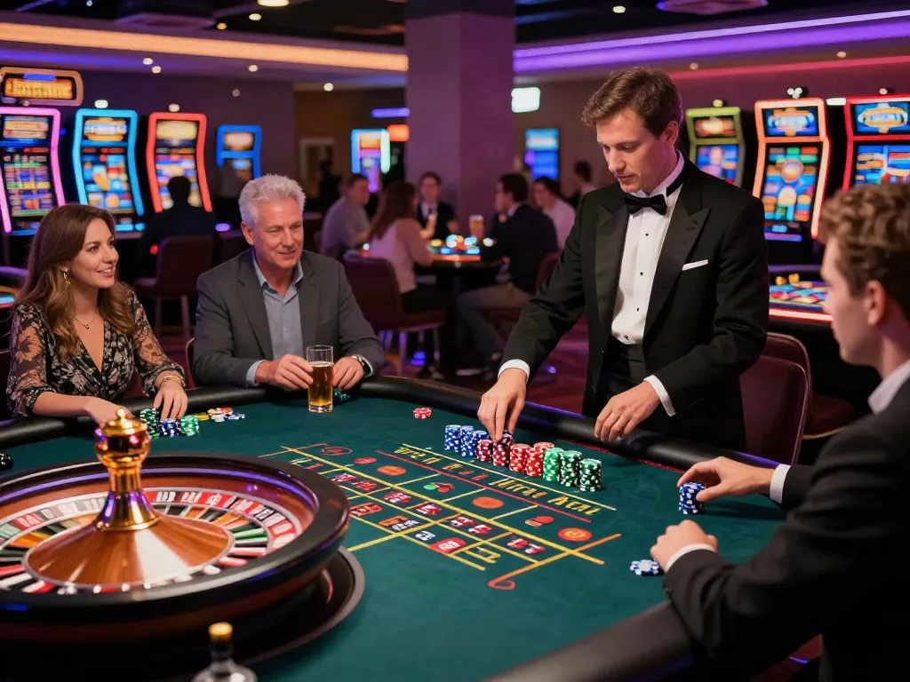 Exciting casino non gamstop gaming night with players around roulette.