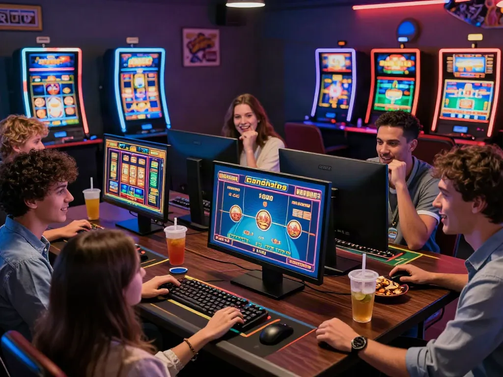 Friends enjoying a lively casino non Gamstop gaming experience together, showcasing vibrant screen action and snacks.