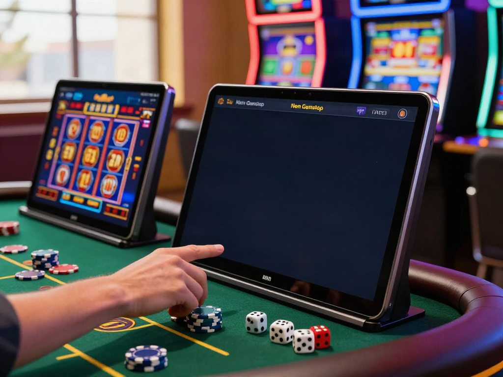 Dynamic gaming scene with casino non Gamstop app on smartphone, casino tokens, and action-oriented atmosphere.