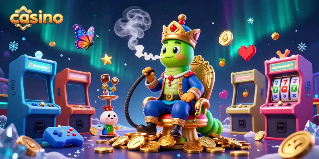 Enjoy a fantastical casino scene with an enormous caterpillar and vibrant game elements.