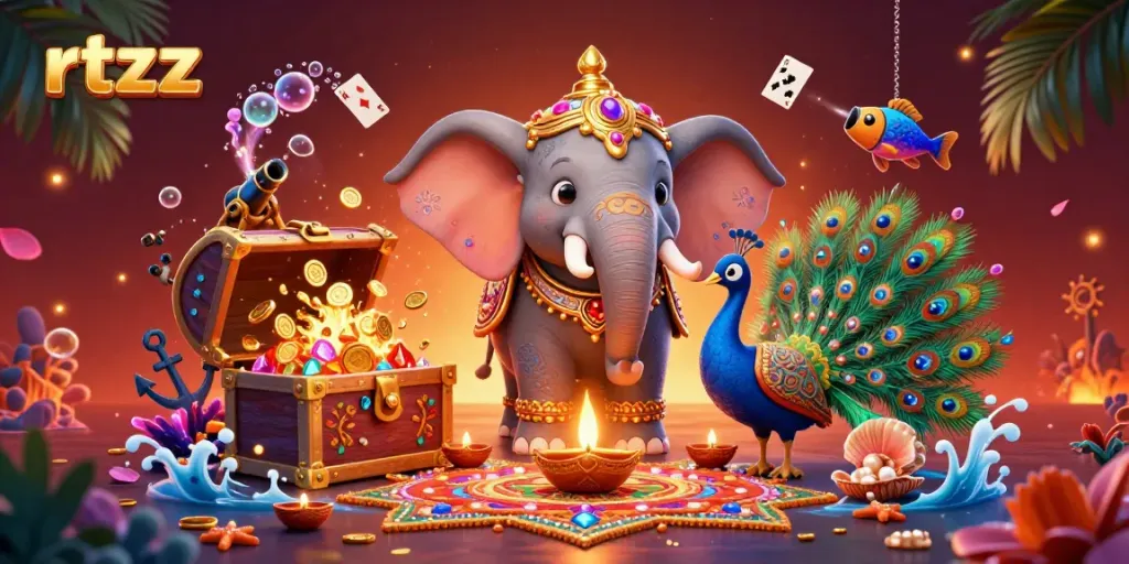 Engage in the thrilling world of RTZZ featuring a colorful elephant and peacock amongst dynamic casino elements.