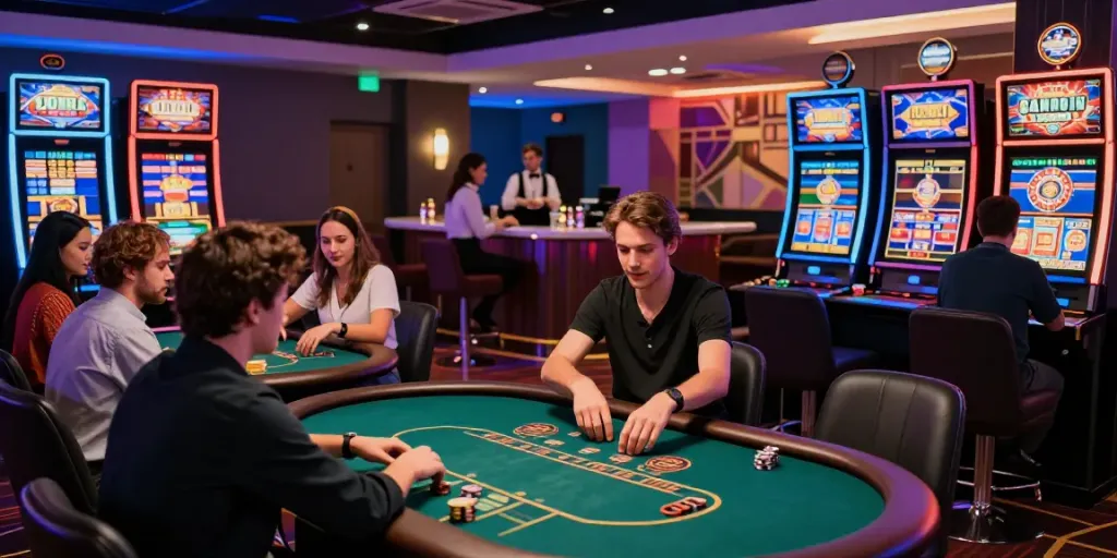 A lively non GamStop casino scene showcasing diverse players engaged in gaming activities.