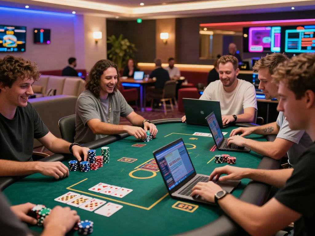 Engaging online casino session featuring players at laptops enjoying casino non gamstop games.