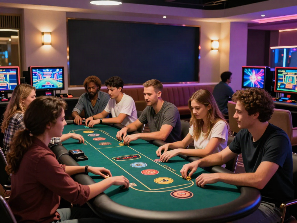 Friends enjoying a lively atmosphere at a casino non gamstop gaming lounge with modern decor.
