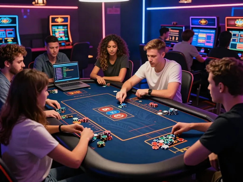 Friends enjoying a lively casino non gamstop gaming session around virtual tables with vibrant graphics.