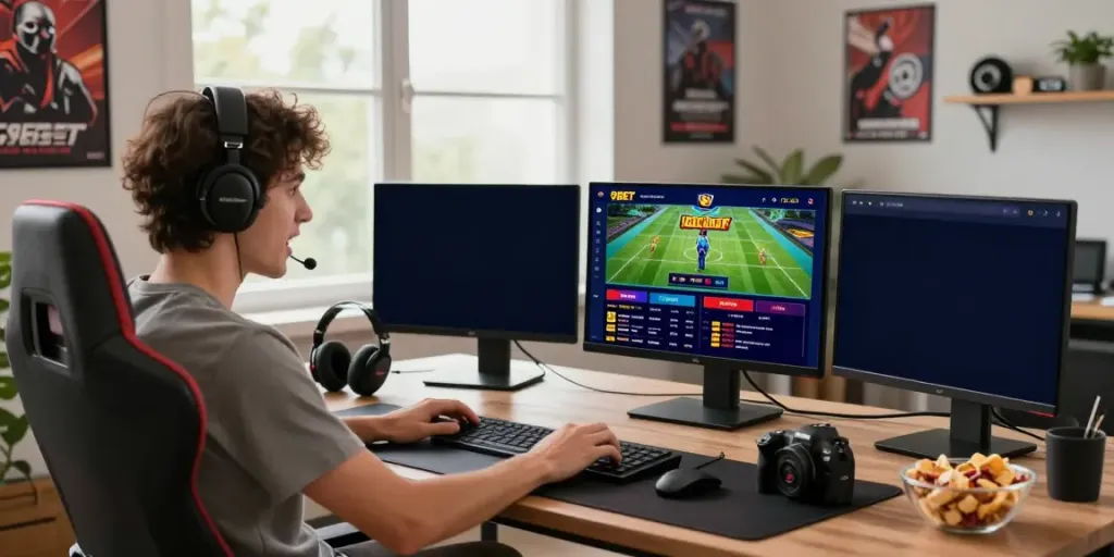 Engaged user exploring the 9BET platform on a laptop in a vibrant home office, showcasing sports betting excitement.