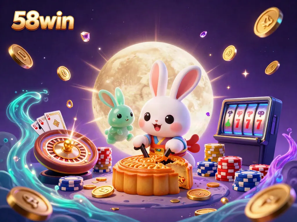 Experience thrilling moments at 58win with a captivating lunar-themed casino scene showcasing a rabbit cracking mooncakes filled with poker chips.