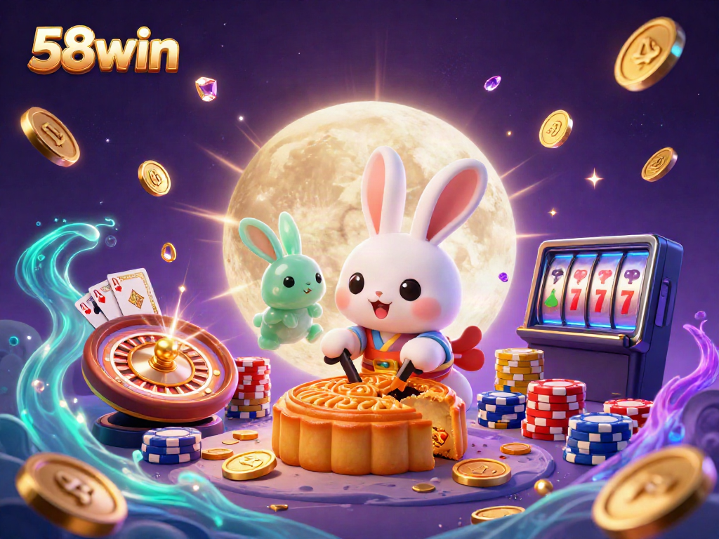 Experience thrilling moments at 58win with a captivating lunar-themed casino scene showcasing a rabbit cracking mooncakes filled with poker chips.