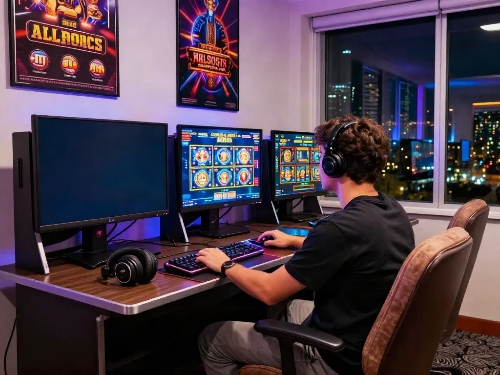 Engaging scene of a player enjoying a casino non GamStop gaming environment with vibrant slot display and modern decor.