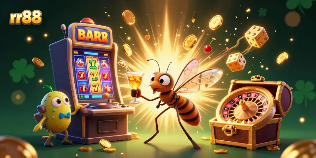 Engage with rr88 at a vibrant casino scene showcasing lucky symbols, jackpot action, and rich gaming atmosphere.