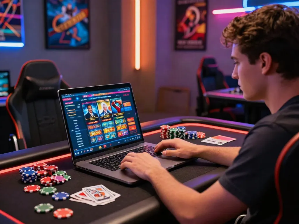 Engaging player enjoying casino non gamstop games on a laptop with vibrant lighting.